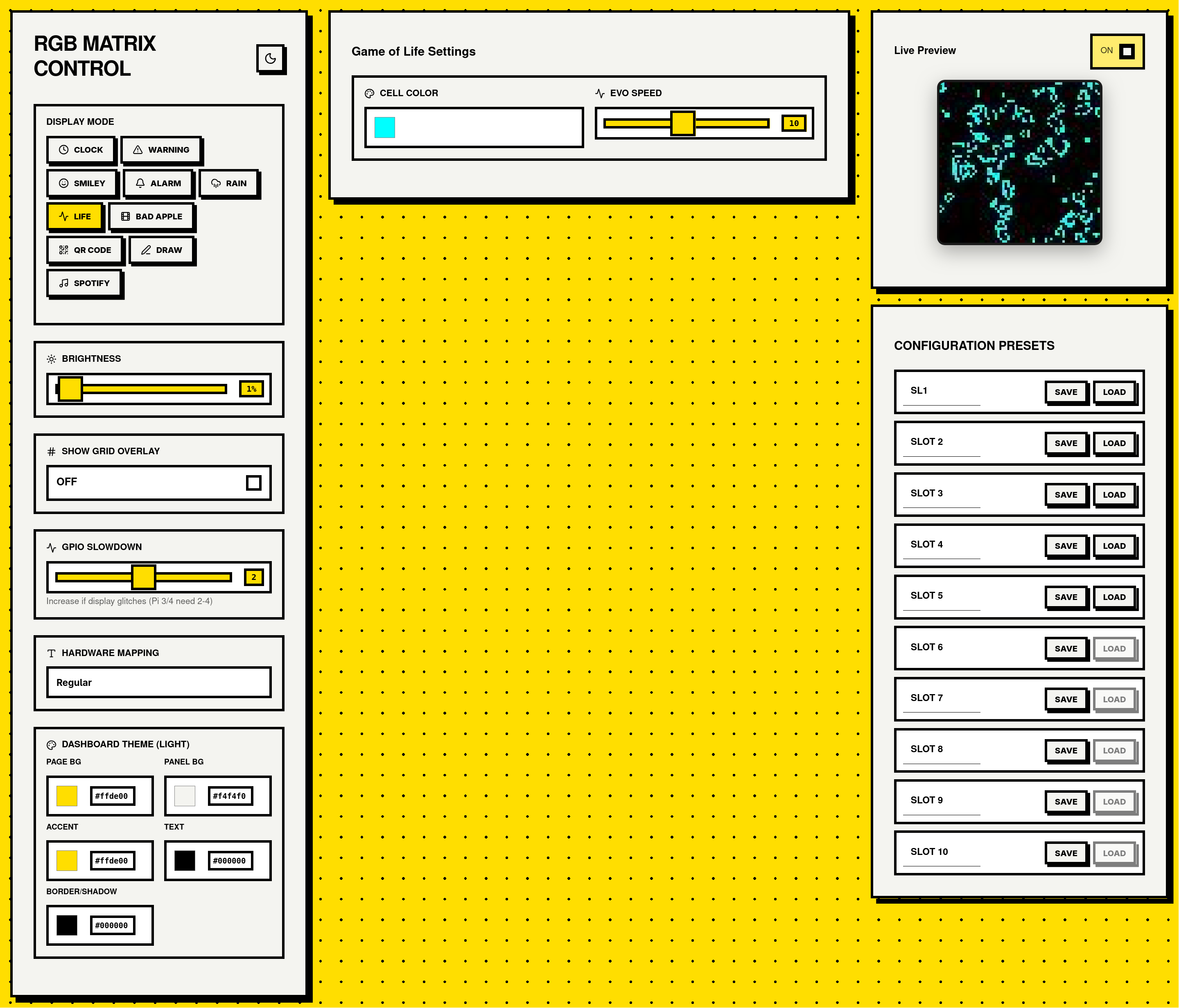 WaveDisp Dashboard Hardware Settings for tuning gpio_slowdown and timing