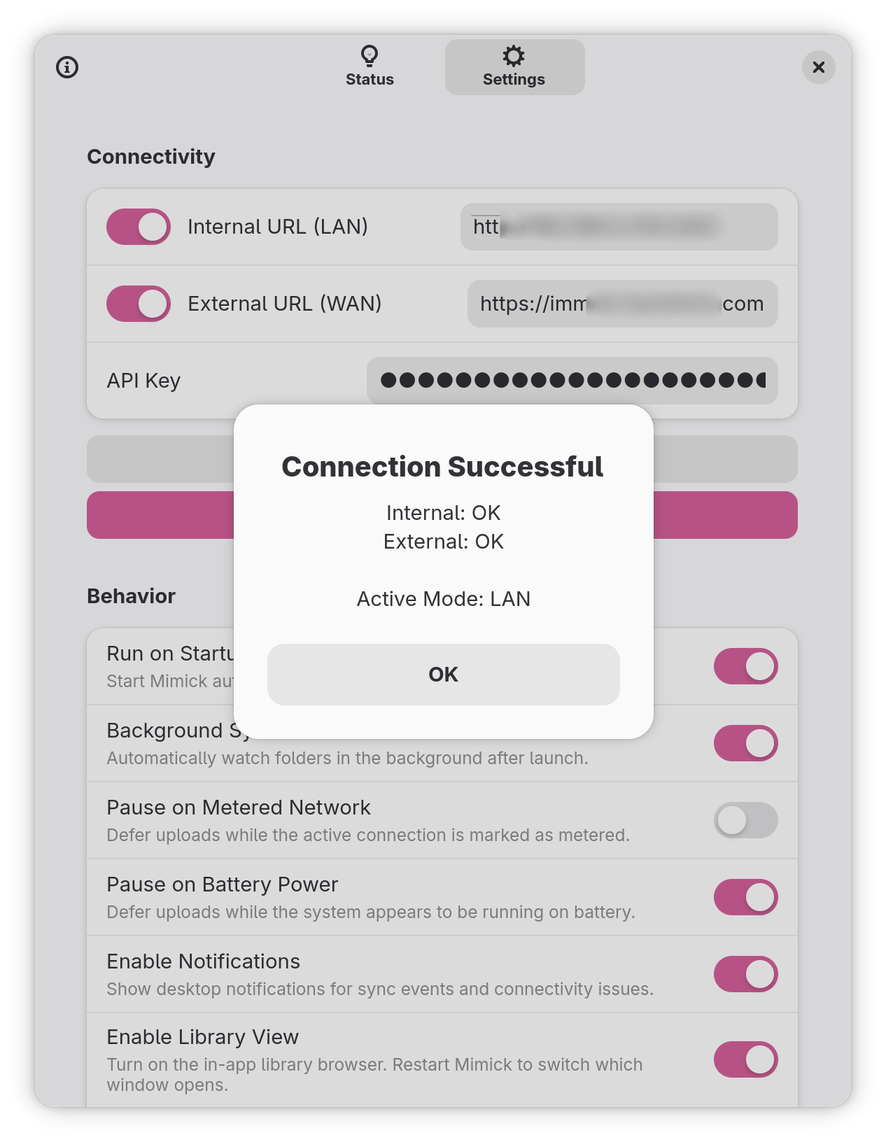 Connection successful dialog