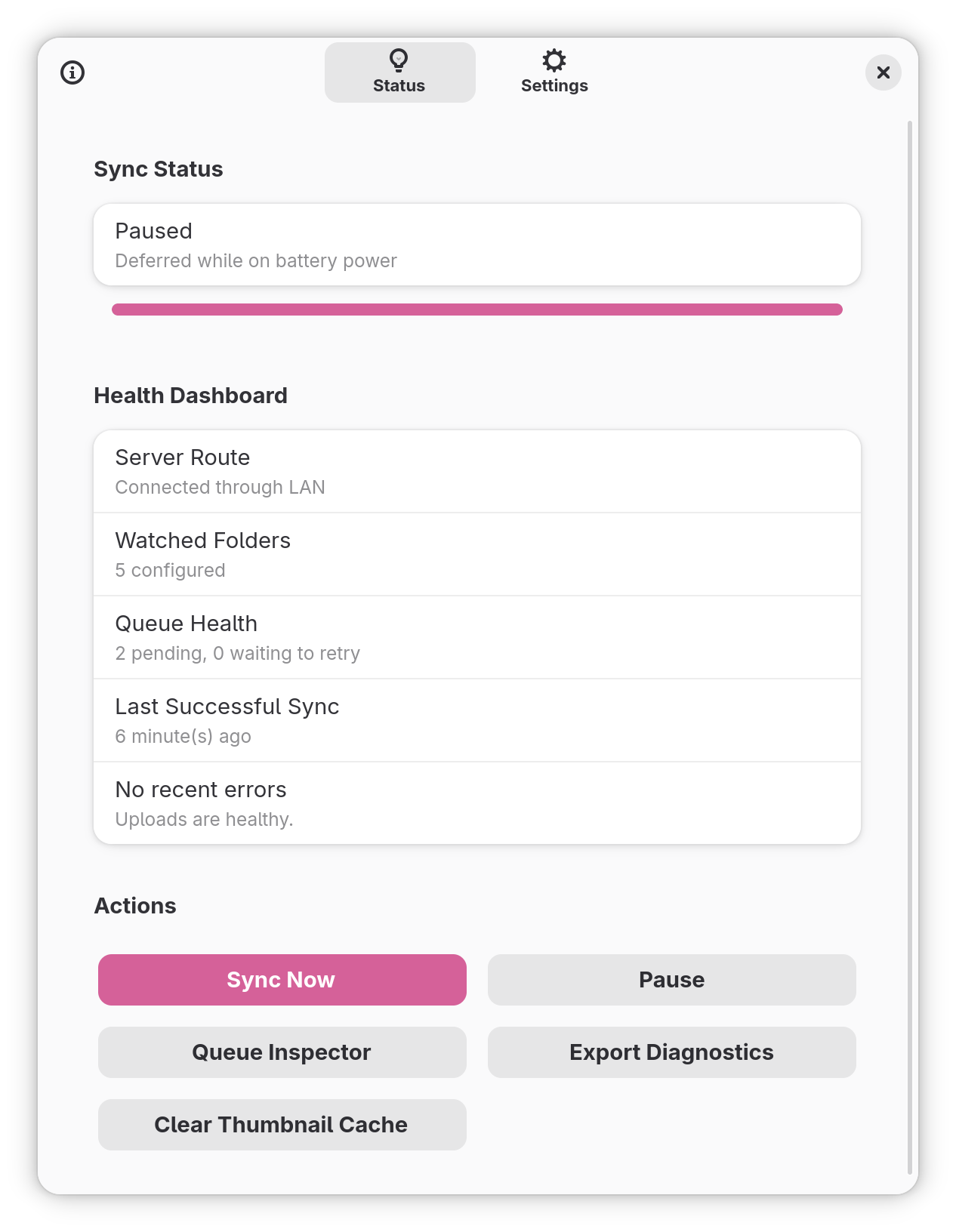 Status pane, health dashboard